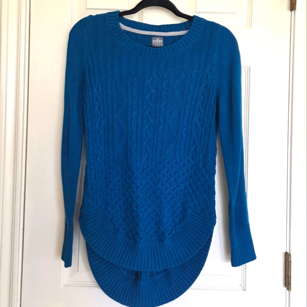 Vtg Y2K Soho Jeans Women's XS‎ Blue Cable Knit Tailcoat Hem Sweater Academia